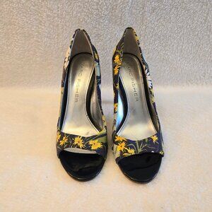 Marc Fisher MFSAMELIA2 Womens Size 8 Open-Toe Heels Blue & Yellow Floral